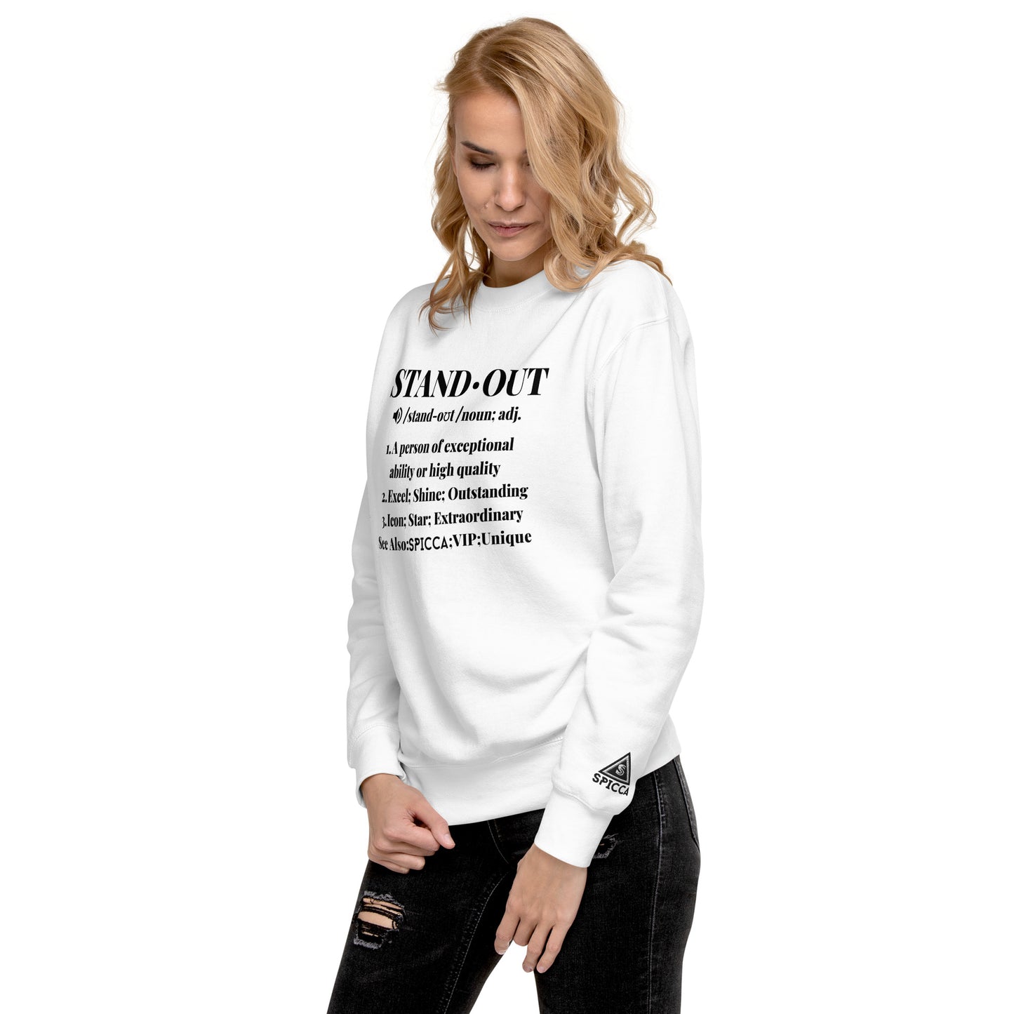 STANDOUT Definition Unisex Premium Sweatshirt with embroidered SPICCA logo - Inspirational Christian Apparel